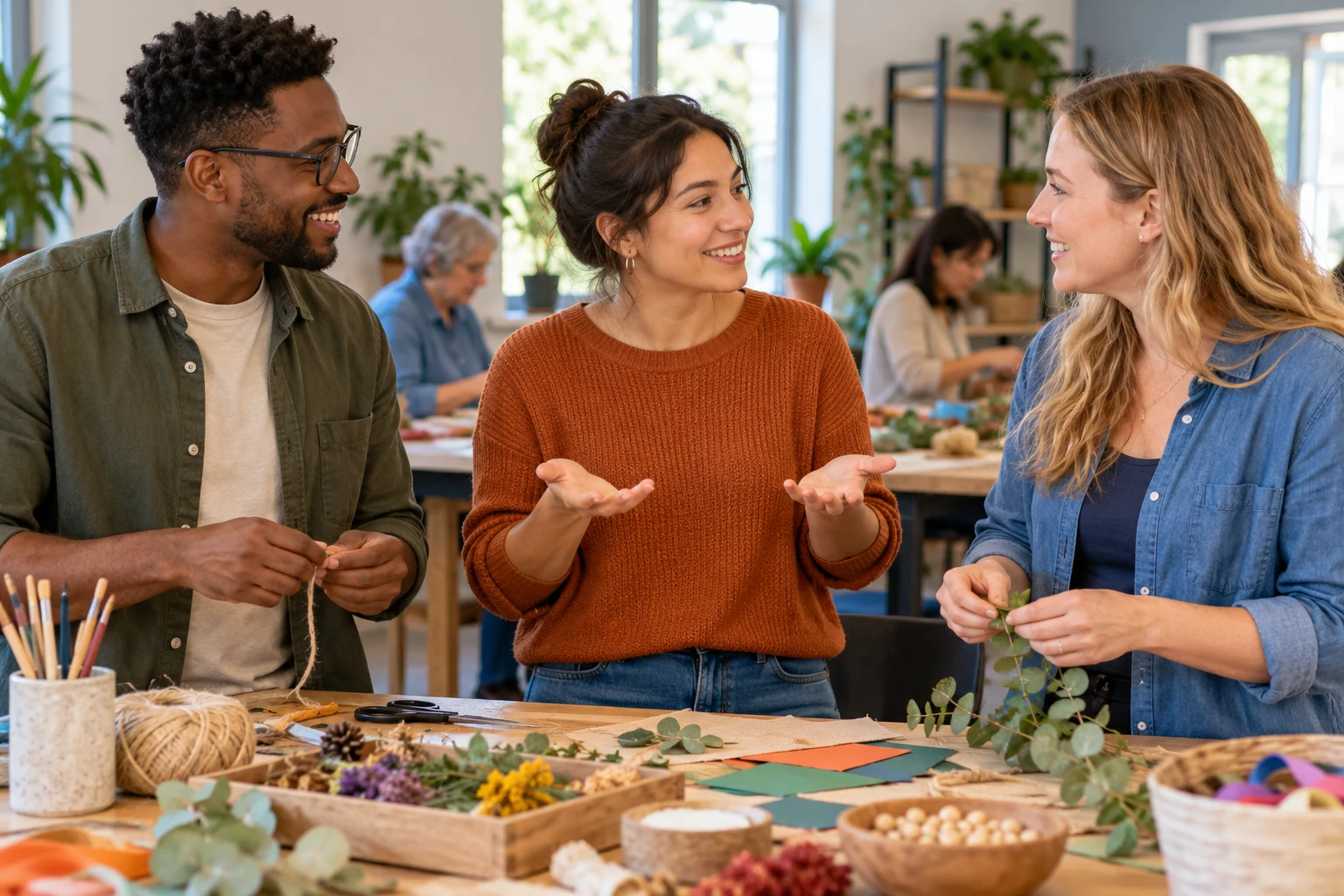 Three adults talk around a craft table with paper, string, plants and drawing tools; other participants work in the background.