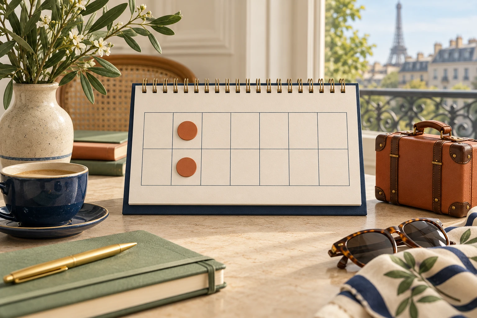 A blank calendar with two orange markers a week apart, beside a small suitcase.