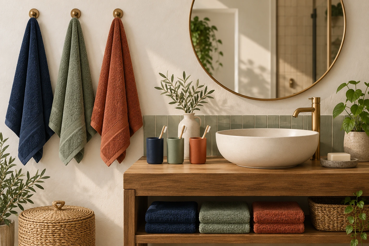 Three coloured towels and three toothbrush cups beside a bathroom sink.