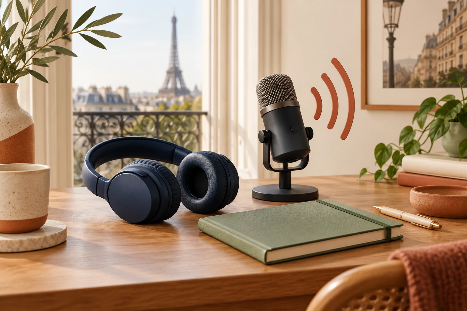 A headset and microphone beside a notebook, with orange sound waves.
