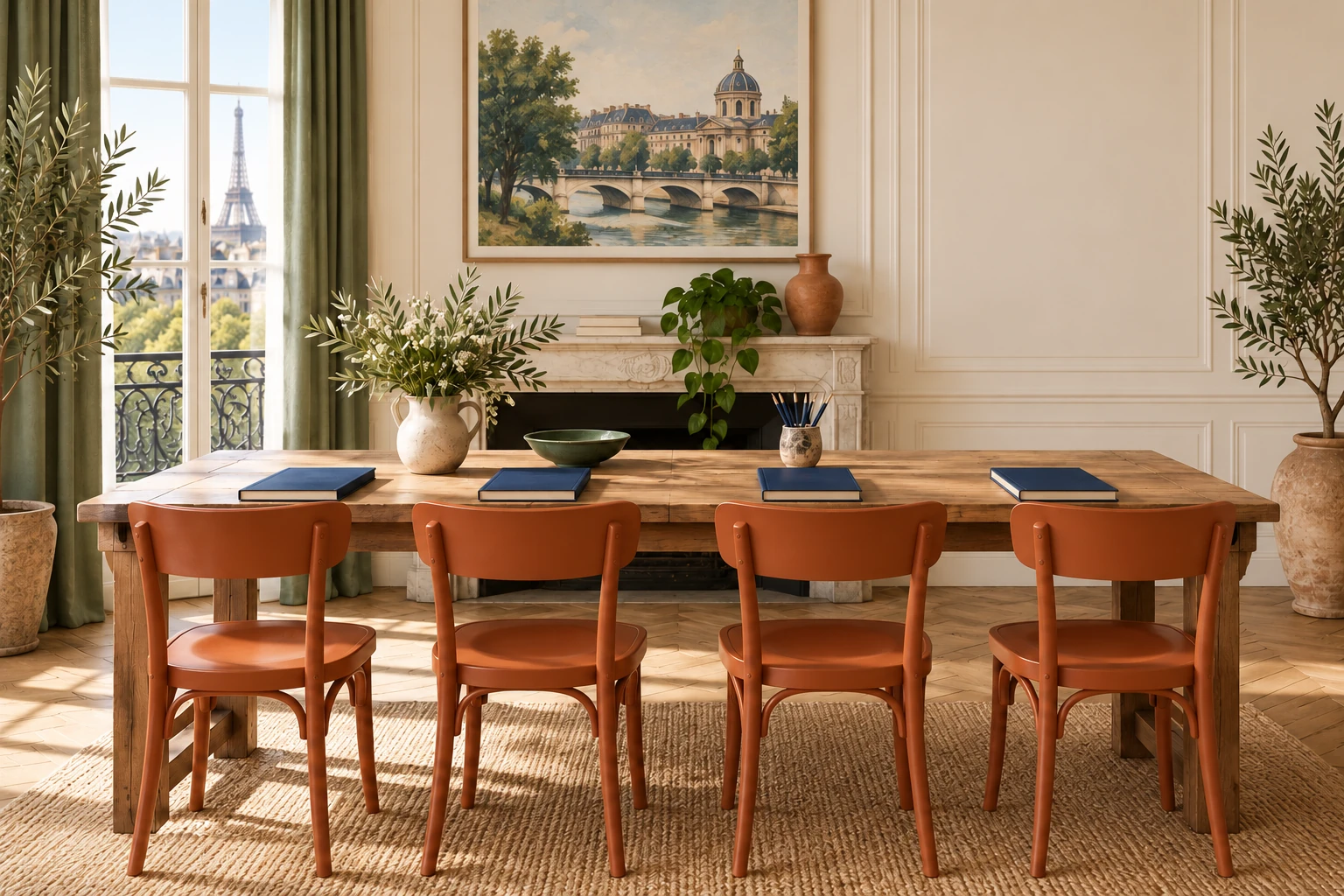 Four terracotta chairs and four blue notebooks at a wooden table.