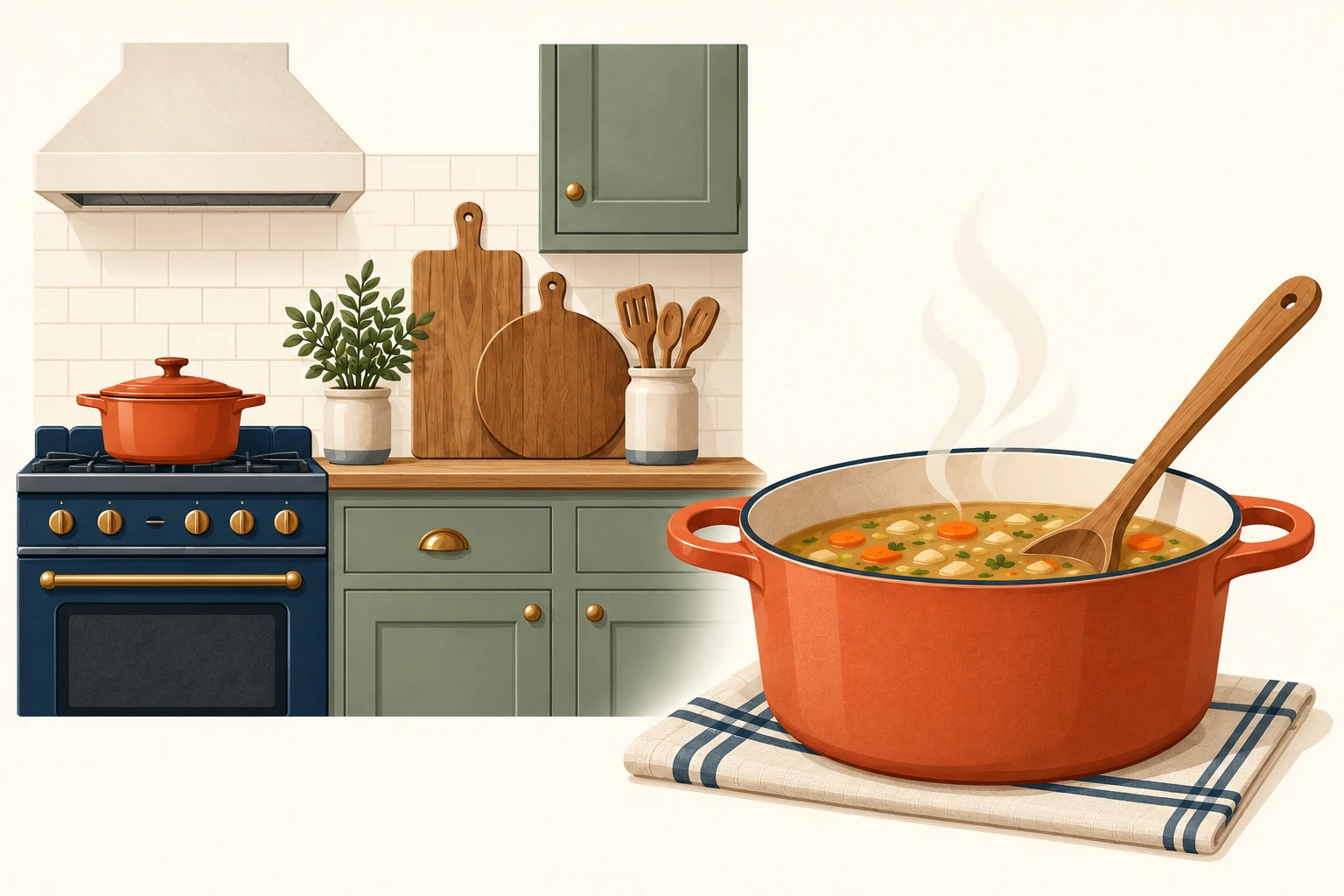 A kitchen with a covered pot on the cooker, beside a larger view of vegetable soup in a pot.