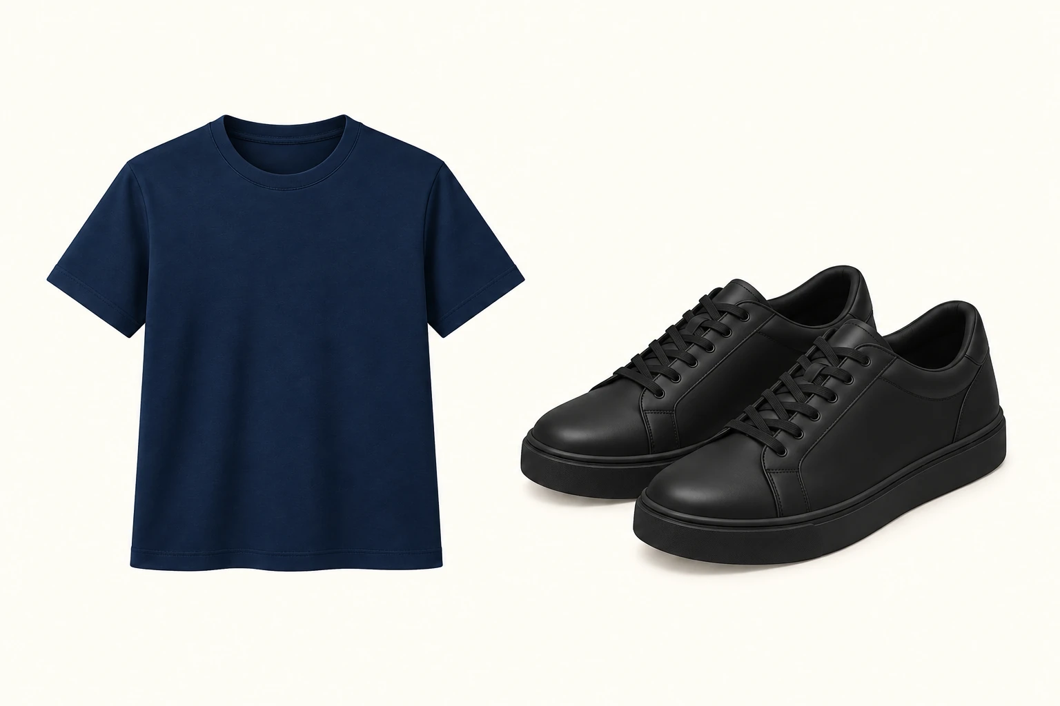 A navy blue T-shirt beside a pair of closed black shoes.