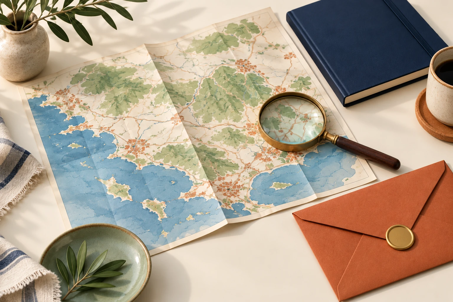An illustrated road map lies beside a magnifying glass, a blue notebook and a closed envelope.