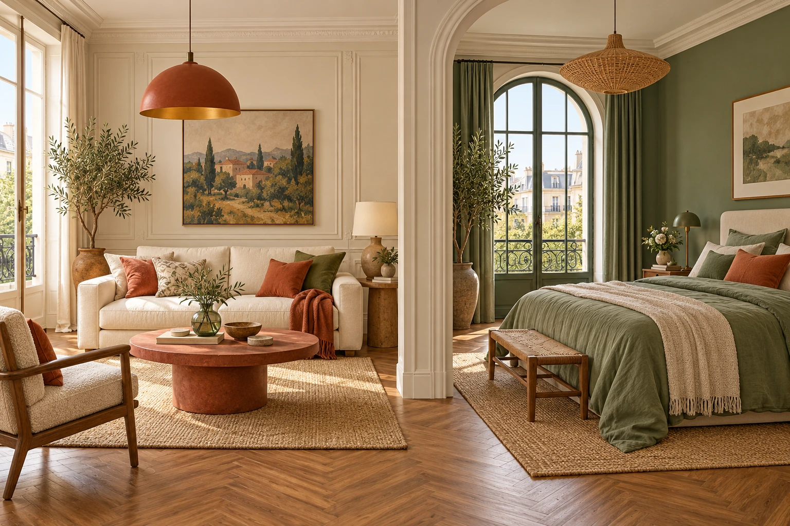 A living area with an ivory sofa stands beside a bedroom with sage-green bedding.