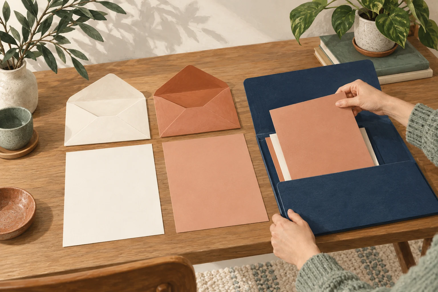 A hand places a terracotta sheet in a blue folder beside two envelopes and another document.