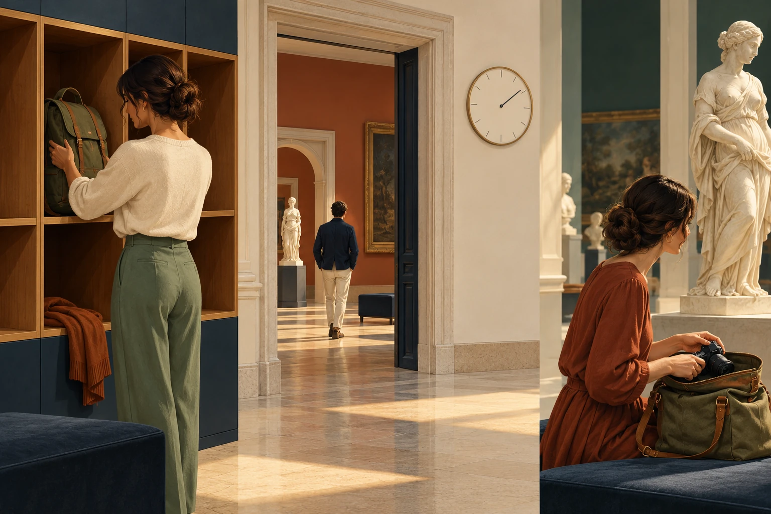 Three scenes show visitors storing a backpack, viewing sculptures, and packing a camera in a museum.