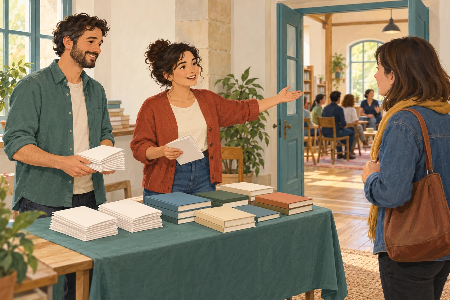 Volunteers and a visitor at a book-event desk with blank programmes and books.