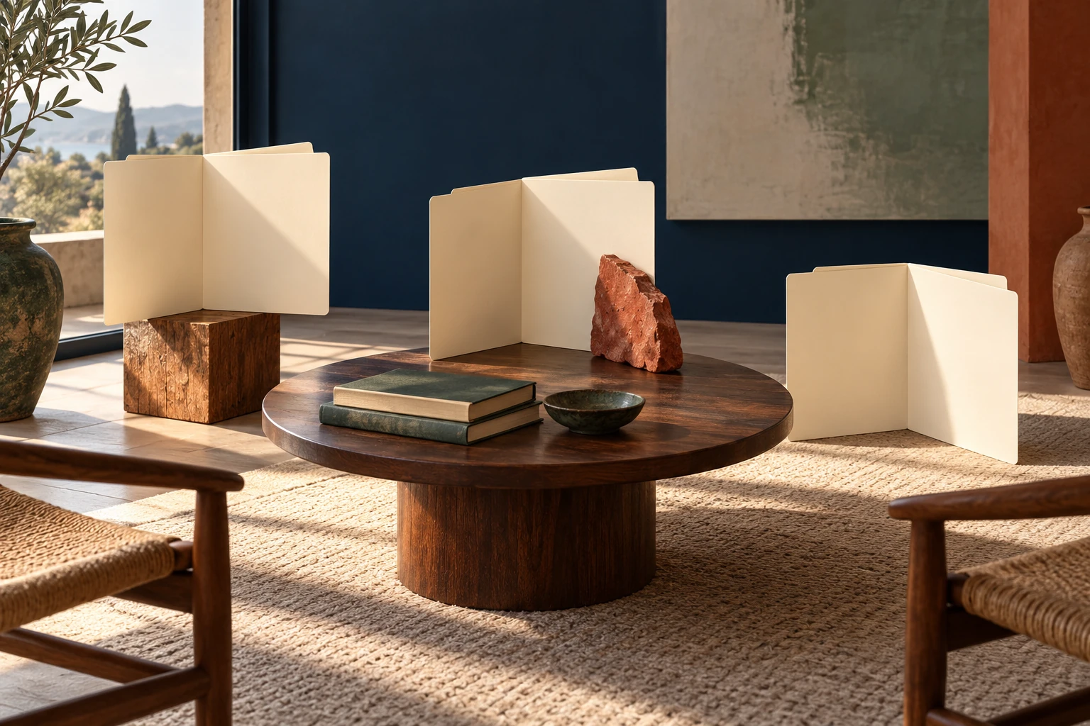 Blank open folders stand on a table beside a stone sample and a stack of books.