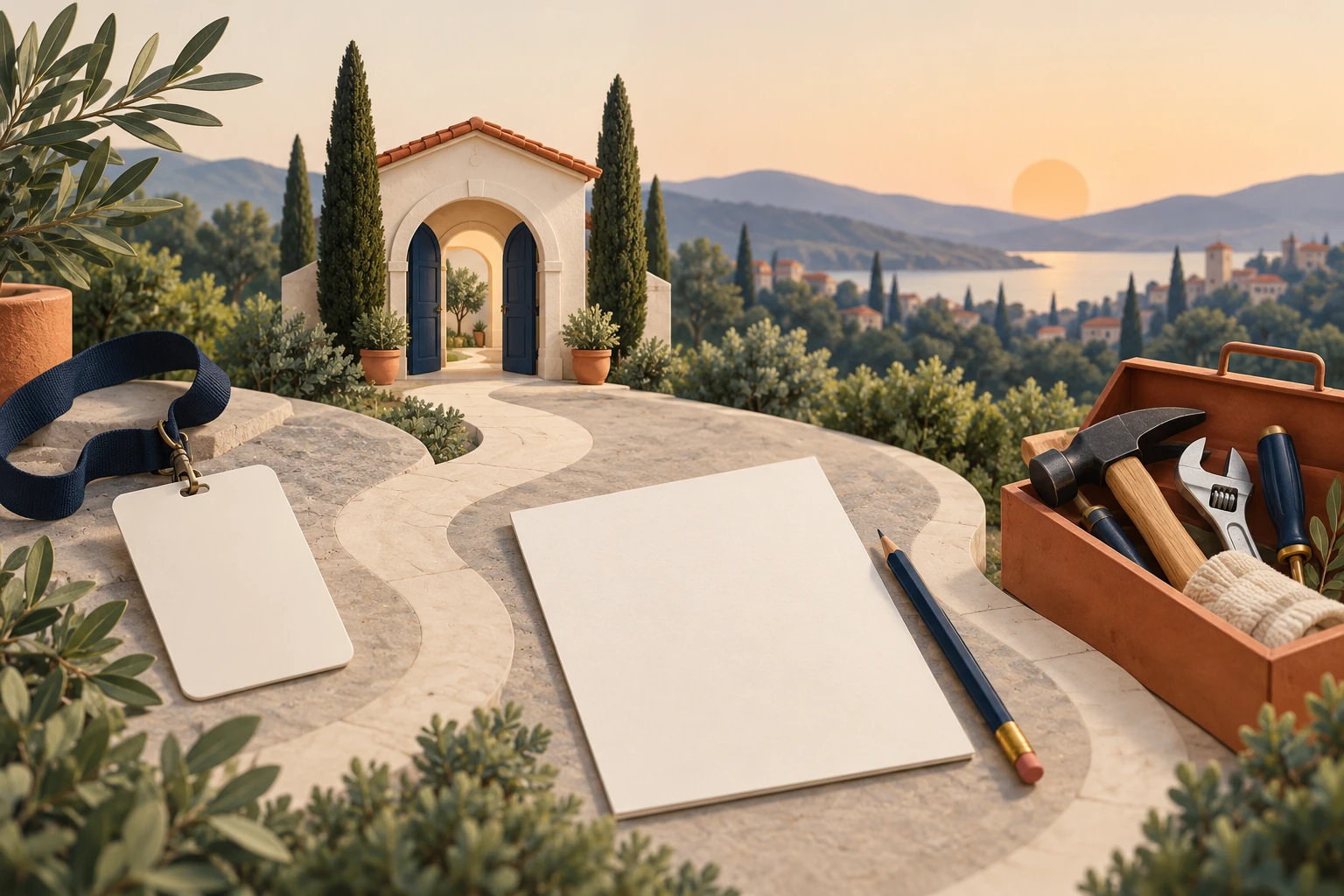 A curved stone path leads through a garden toward an arched entrance, with blank paper and a toolbox in the foreground.