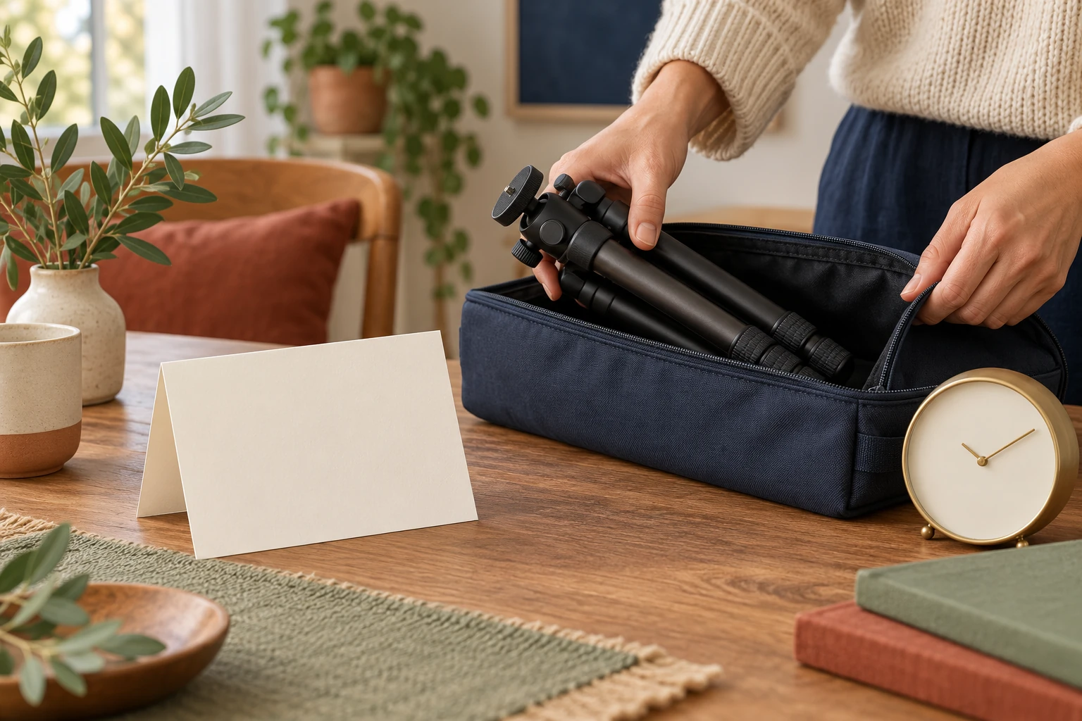 A person places a folded tripod into a dark equipment bag on a table beside a blank card and a clock with plain hands.