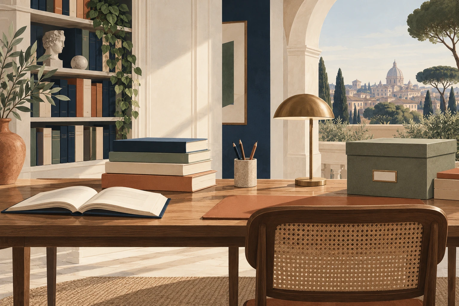 A quiet library reading table with stacked books, an empty chair, and tall shelves of books.