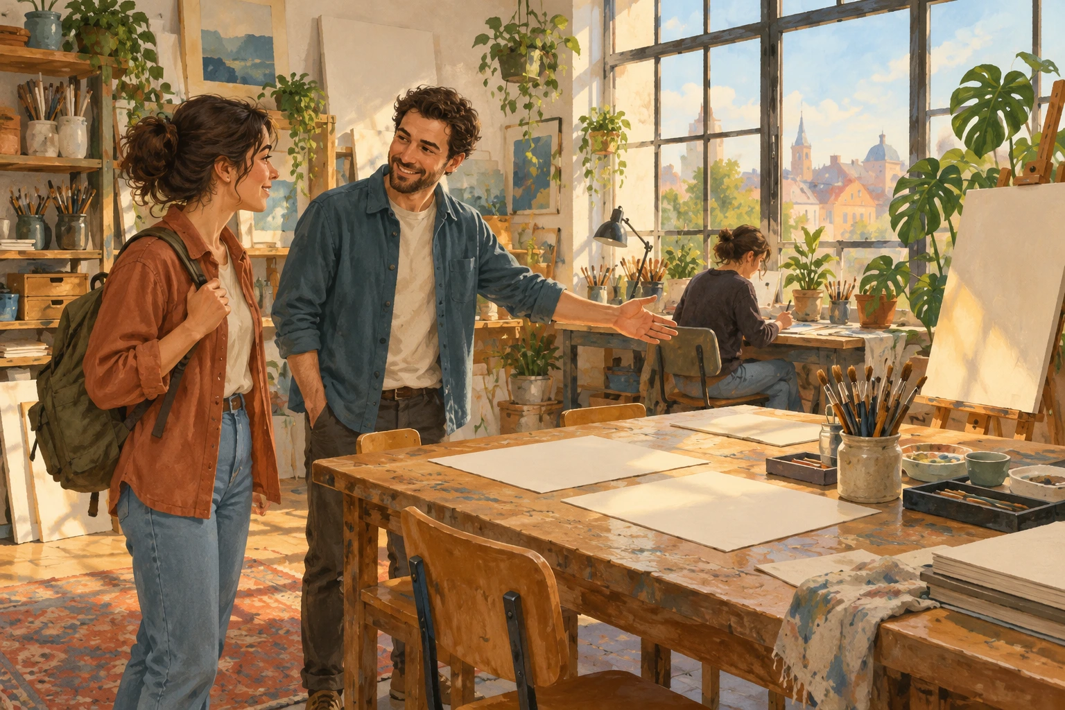 A visitor is shown a bright shared art studio with drawing tables, blank paper and another artist at work.
