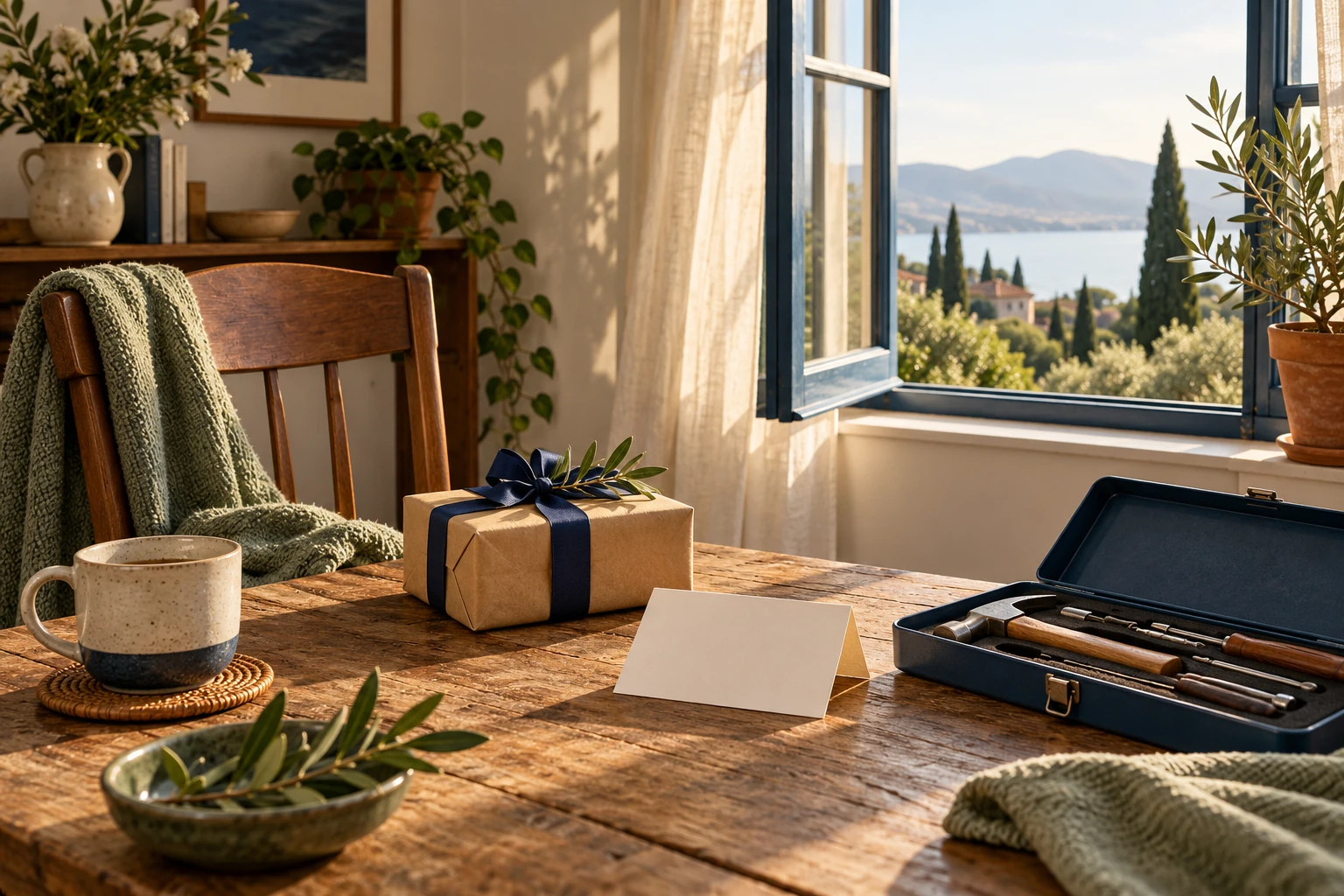 A wrapped gift and an open toolbox sit on a wooden table beside a blank card.