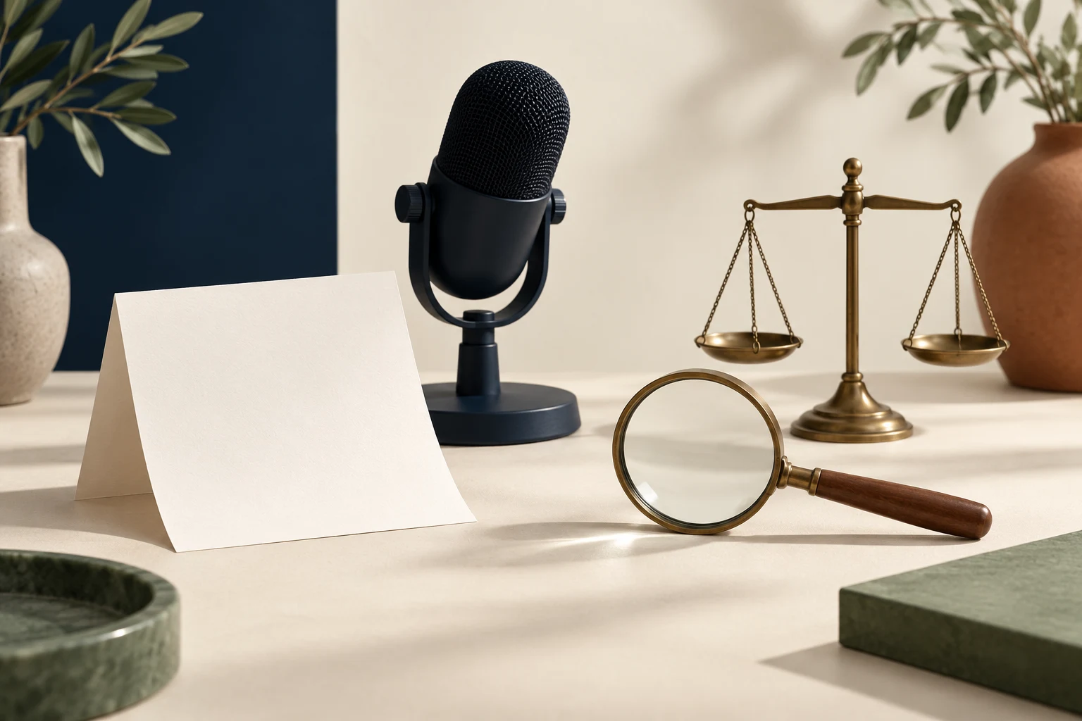 A blank sheet and unbranded microphone sit apart from a magnifying lens and small balance scale.