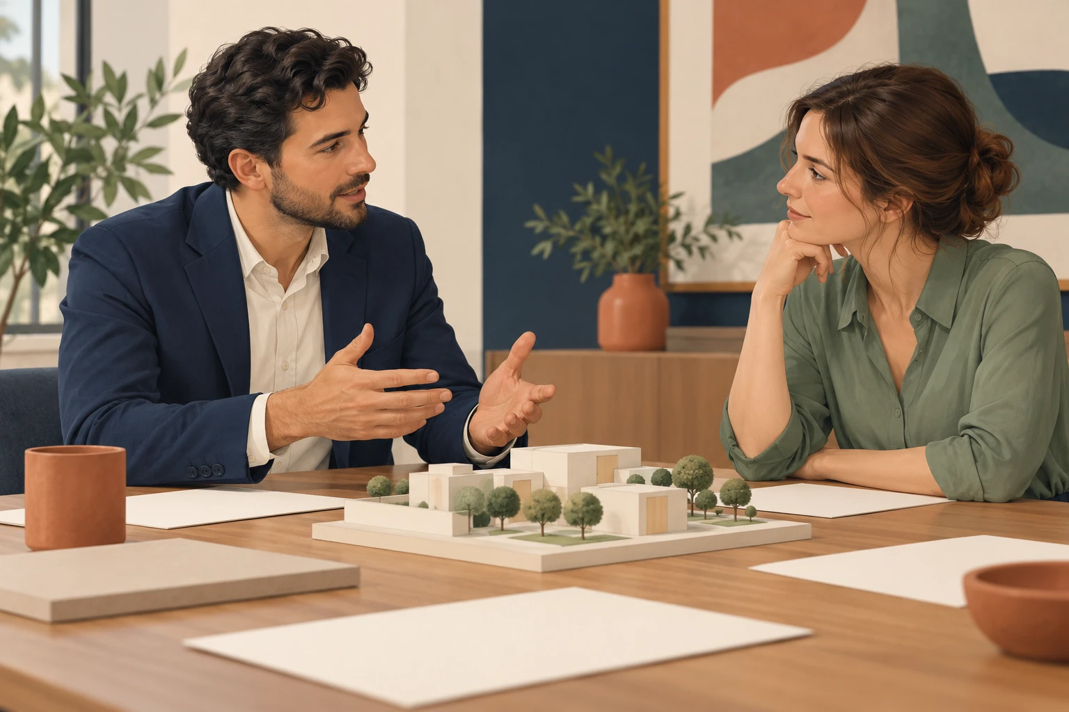 Two adults discuss a small architectural model across a table with blank papers.