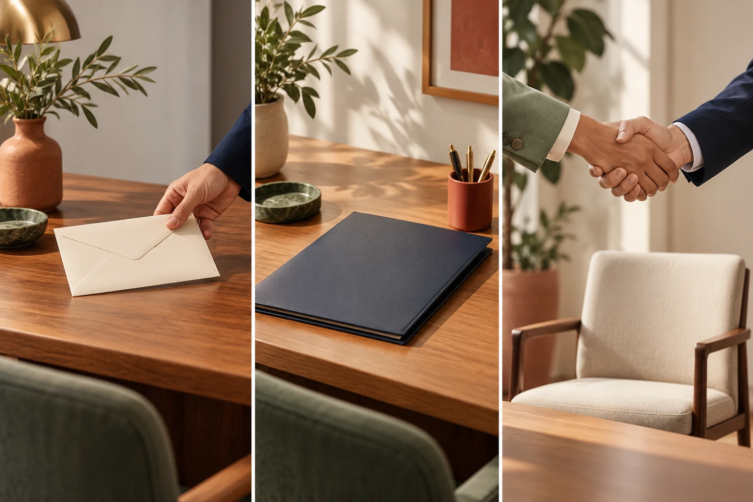 An envelope, closed navy folder, and handshake are shown in three adjoining panels.