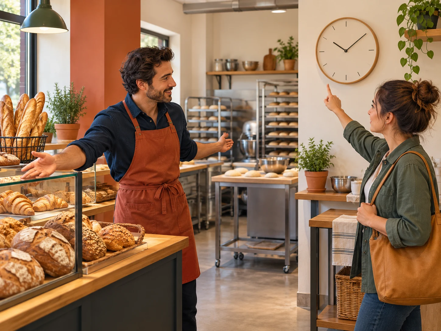 A bakery manager and job candidate discuss tasks near a counter and prep station.