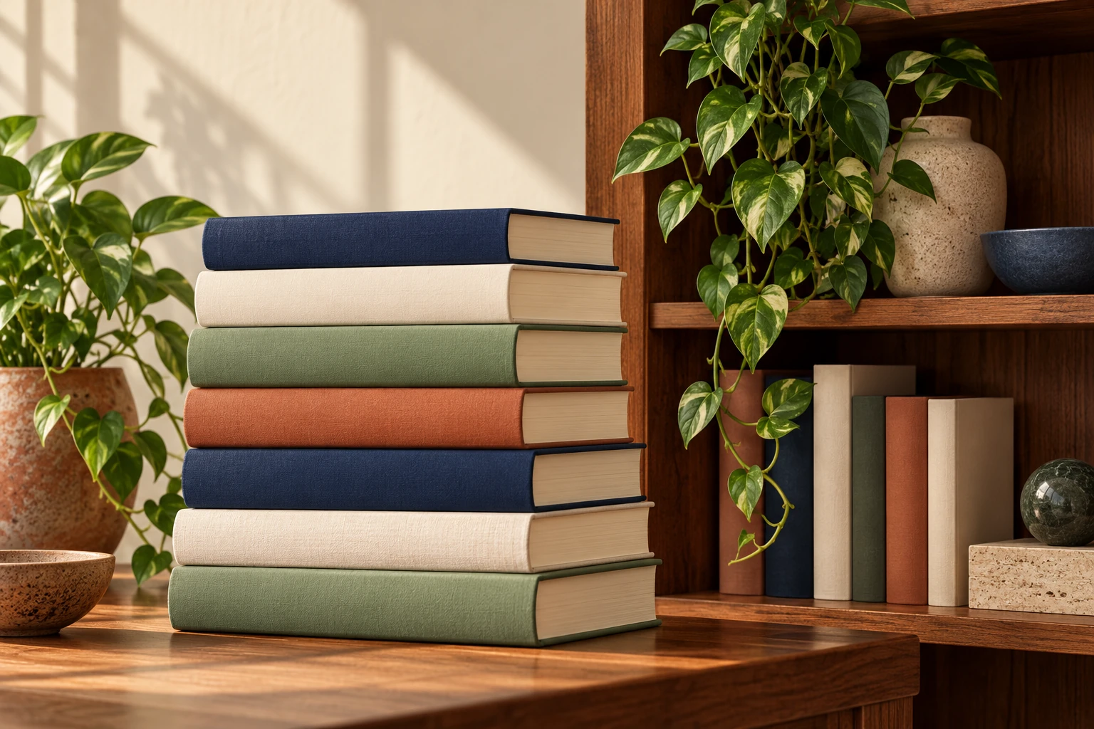 A stack of plain books and additional books on a shelf sit beside a trailing plant.