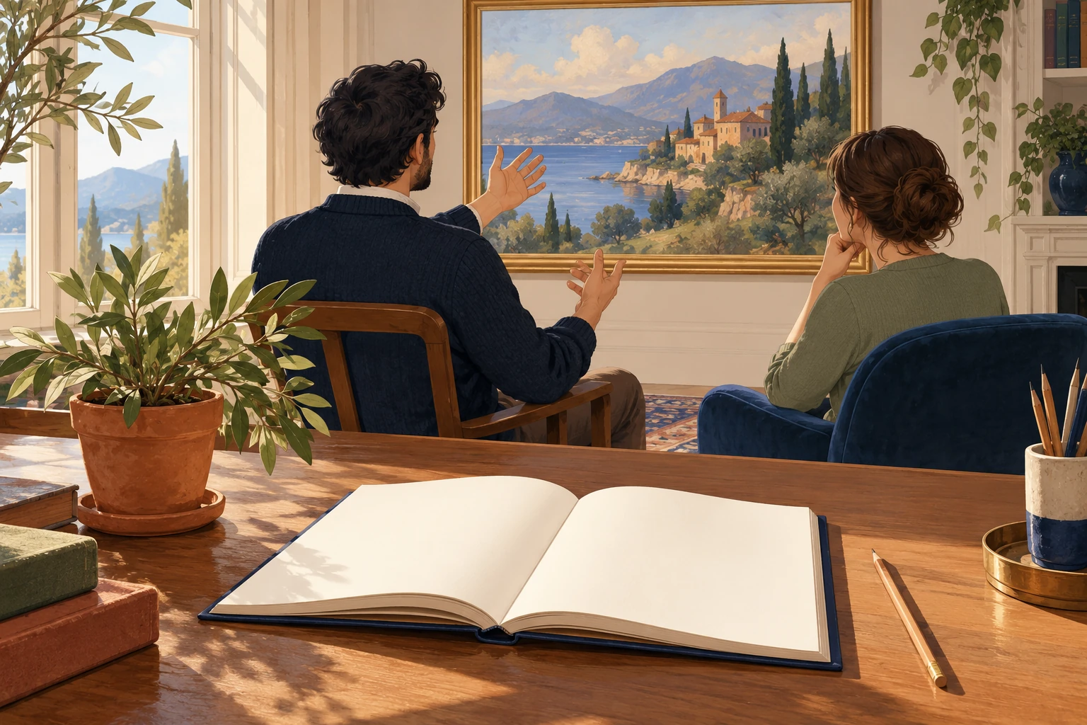 Two adults discuss a landscape painting above an open blank book and pencil on a desk.