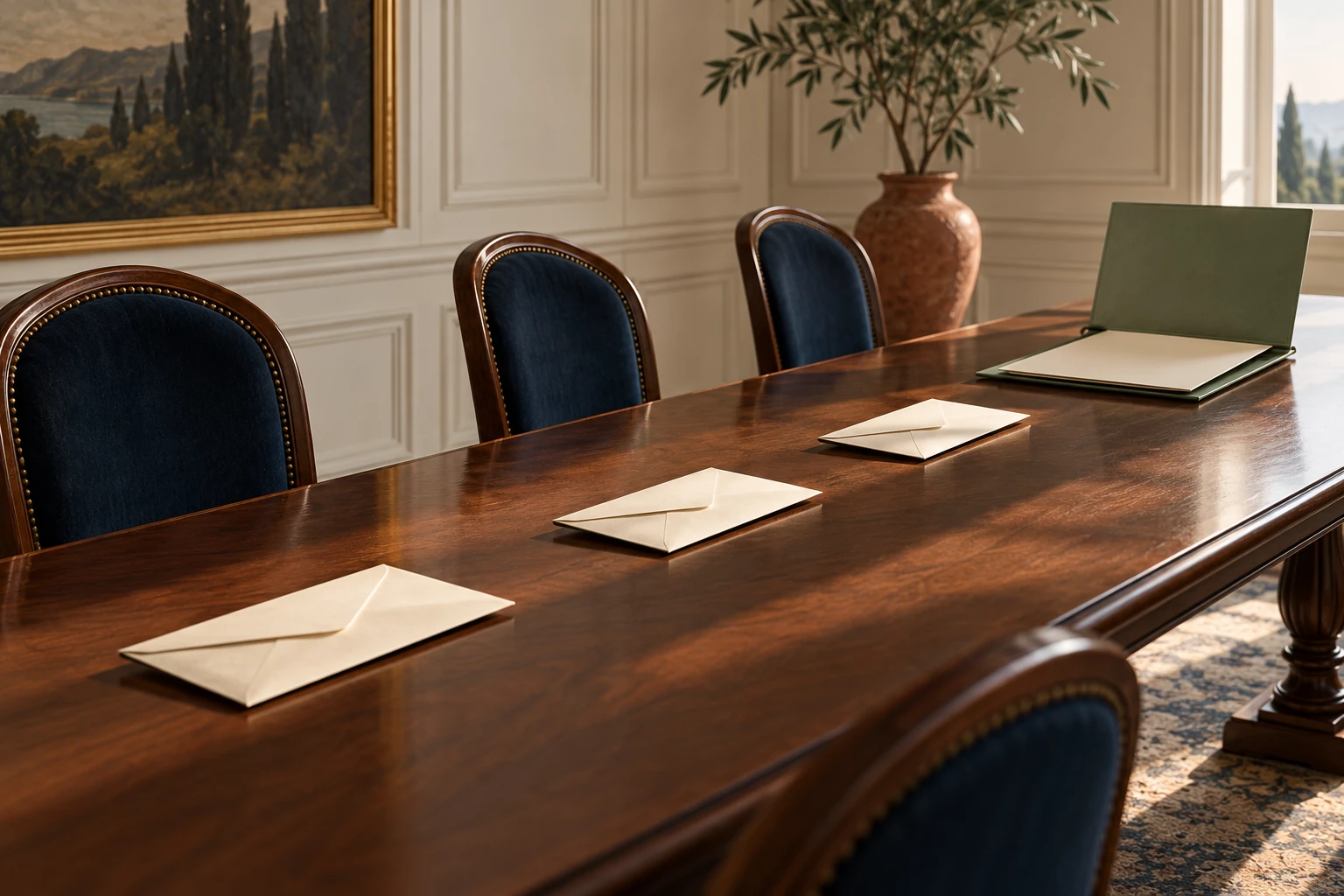Three sealed blank envelopes sit in a row on a meeting table.