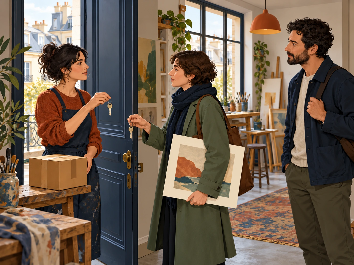 Two women hold keys while a man stands beside them at an artist’s workshop doorway.