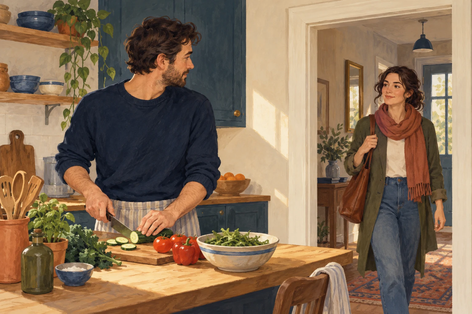 A brother pausing food preparation as his sister enters a kitchen.