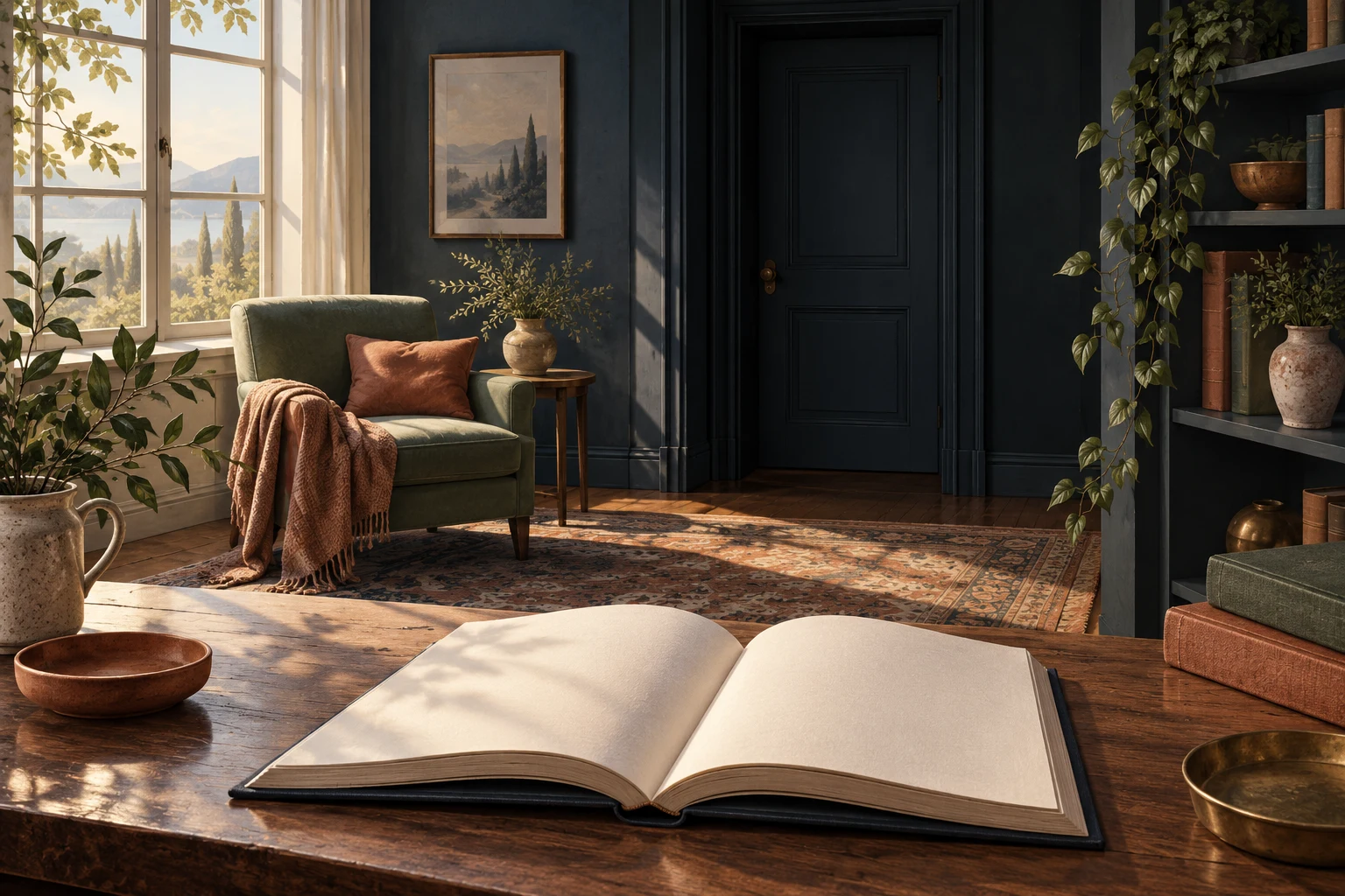 A blank open book and empty chair face a closed doorway with gentle daylight across the reading room.