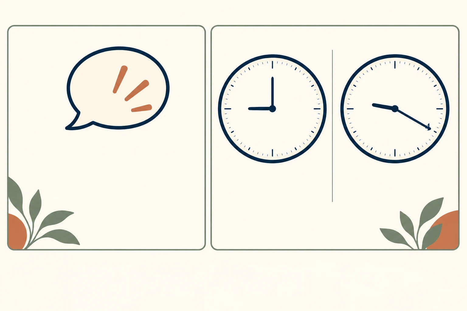 An unlettered speech symbol beside two unnumbered clocks showing different times.