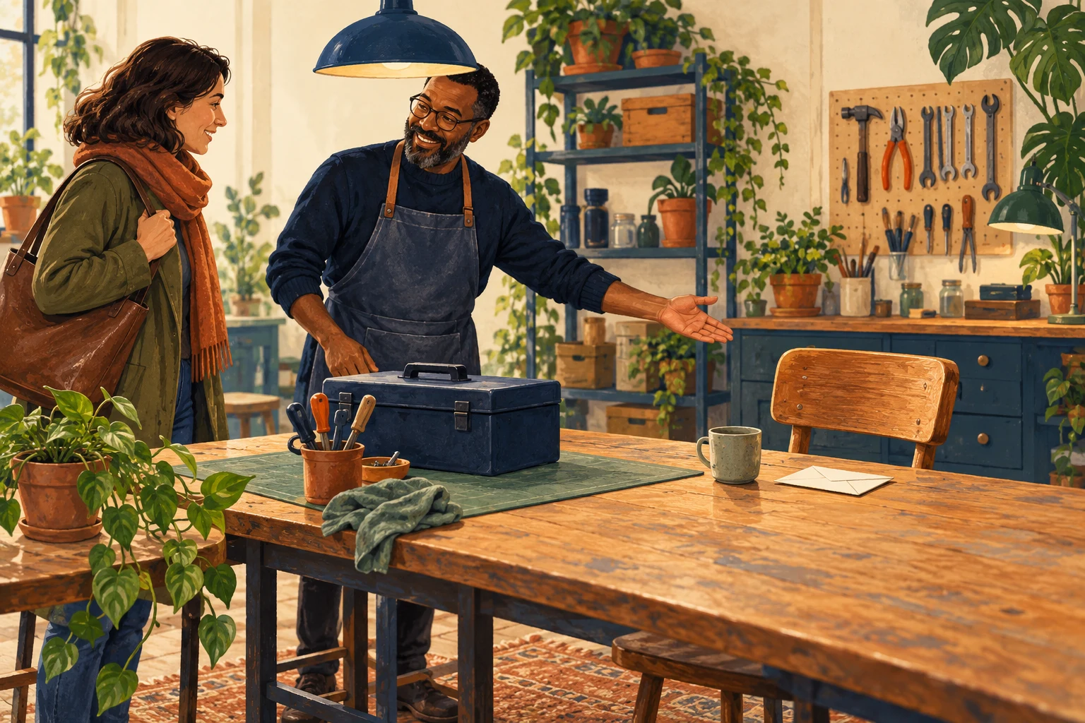 A repair workshop with an arriving participant, toolbox and available chair.