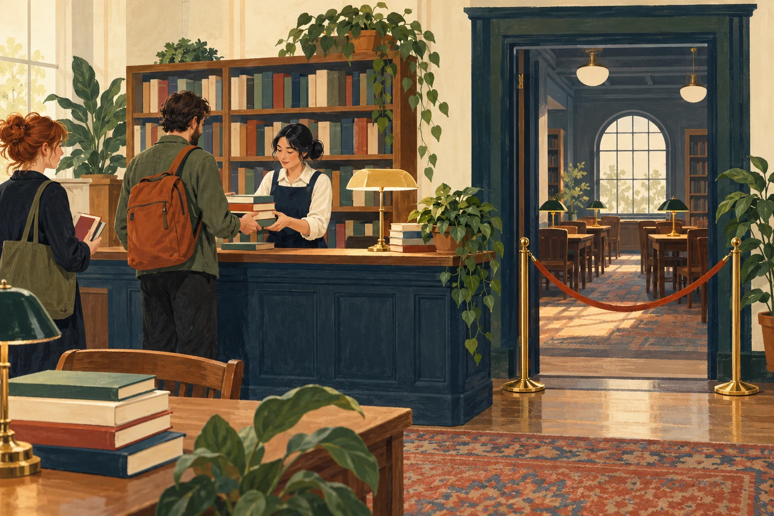 A library lending desk remaining open while a study room is unavailable.