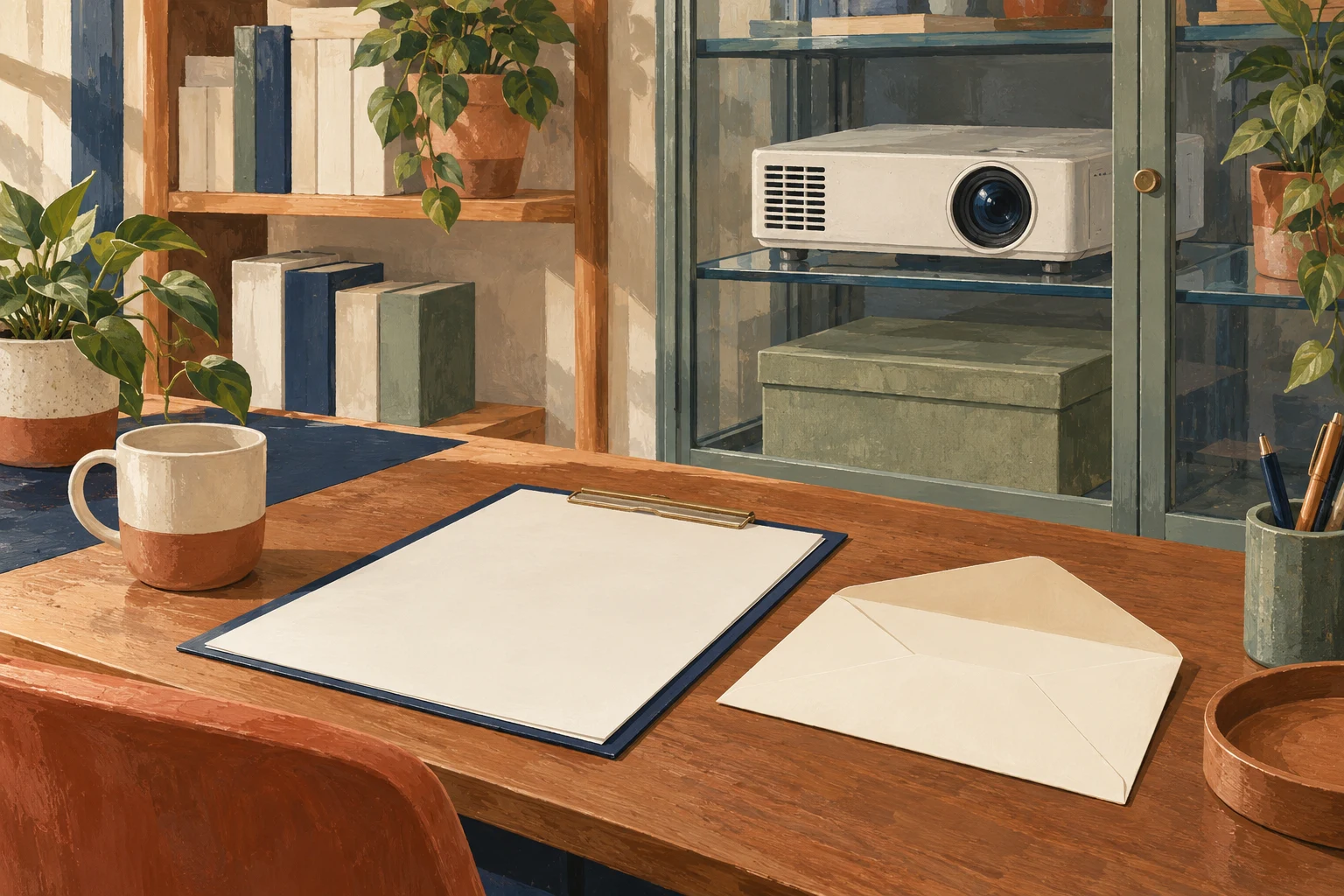 A projector waiting beside an unsent blank form and envelope.