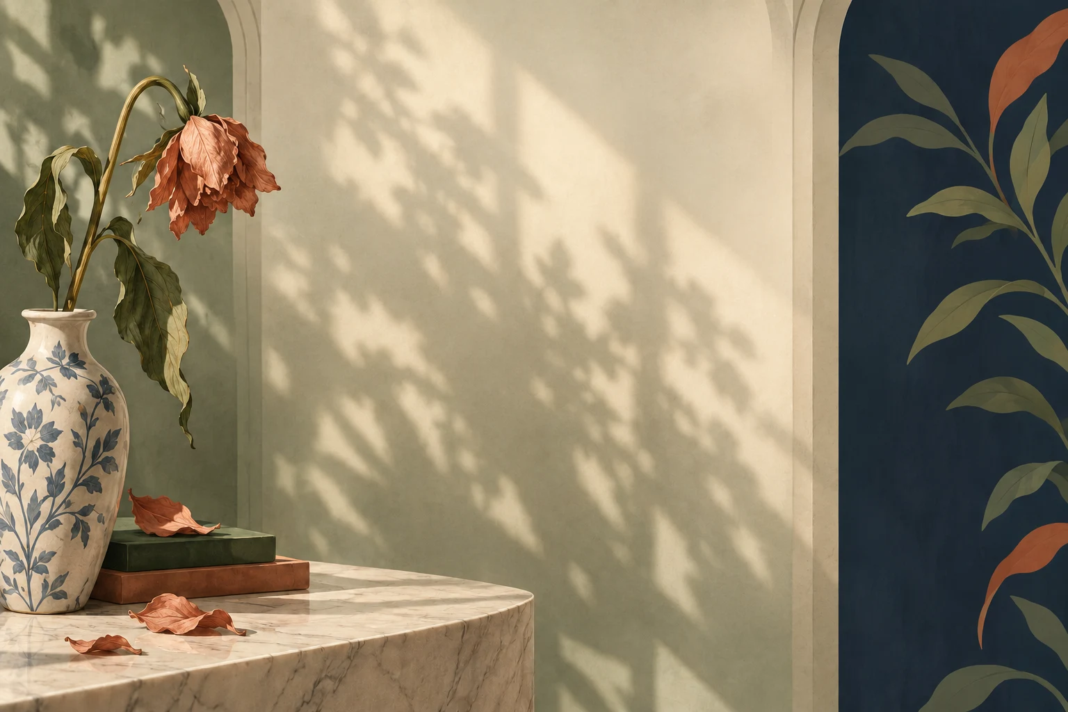 A wilted terracotta flower in a patterned vase, with fallen petals and plain books.