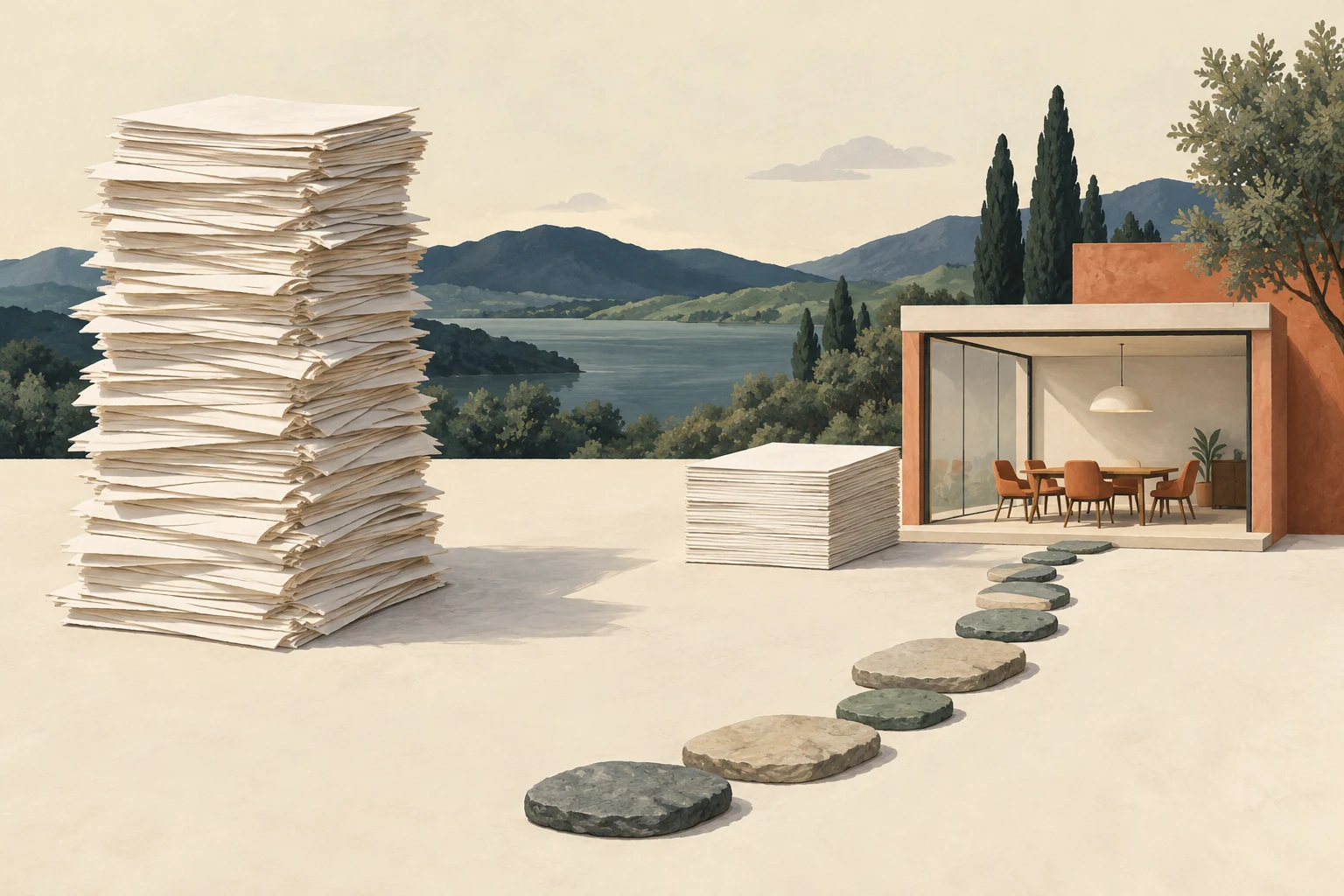 A long paper pile and a shorter organised response beside a room model.