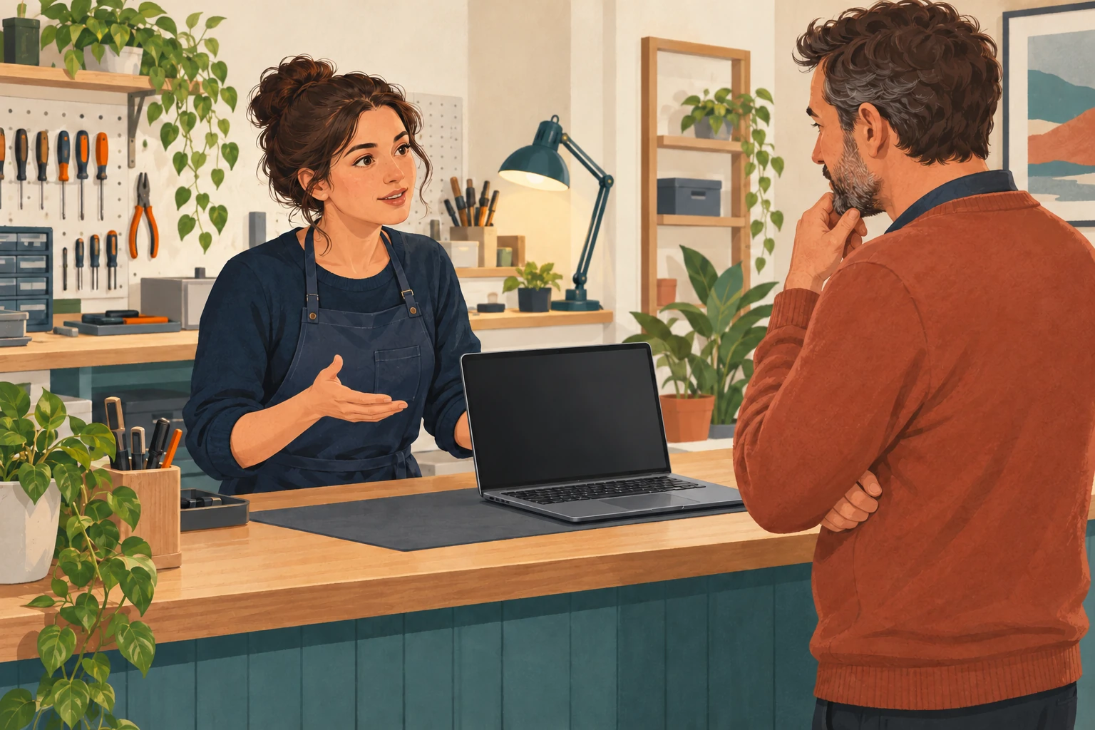 A technician discusses an open laptop with a customer at a computer-repair counter.