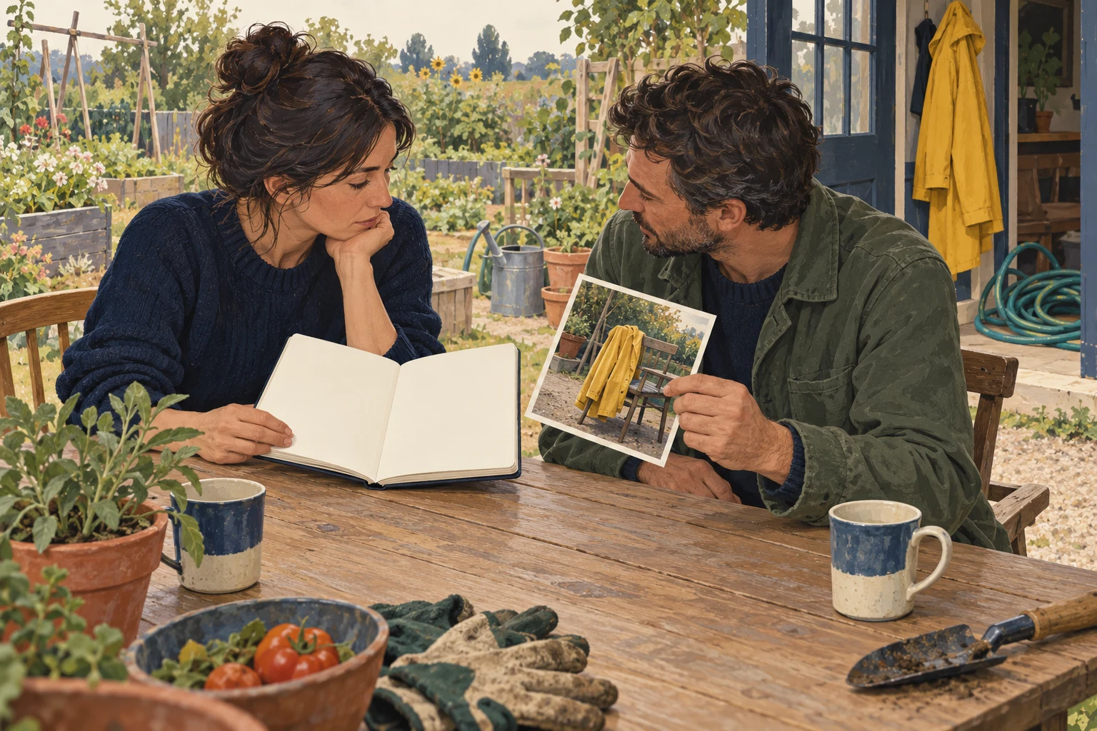 Two adults comparing a notebook with a photograph of a yellow coat.