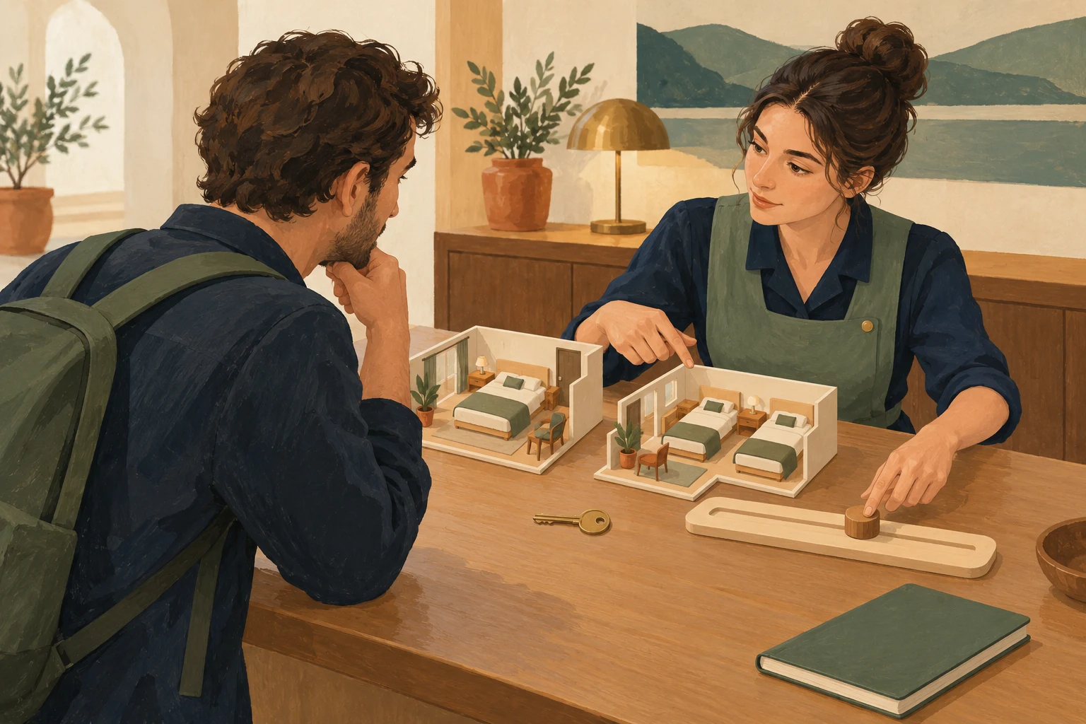 Adults clarifying room and timing arrangements at a reception desk.