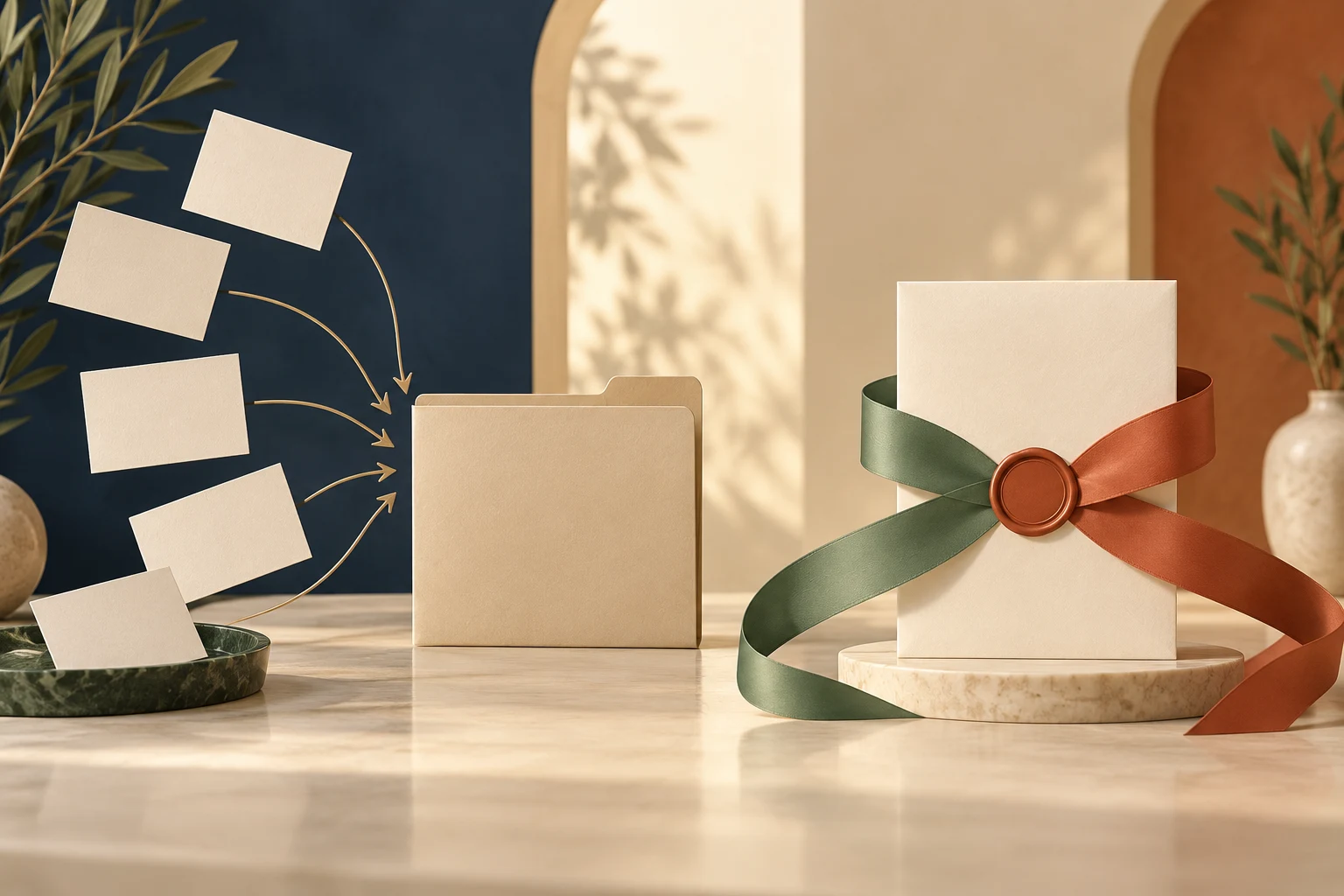 Research cards converge on a folder beside a document tied with two ribbons.