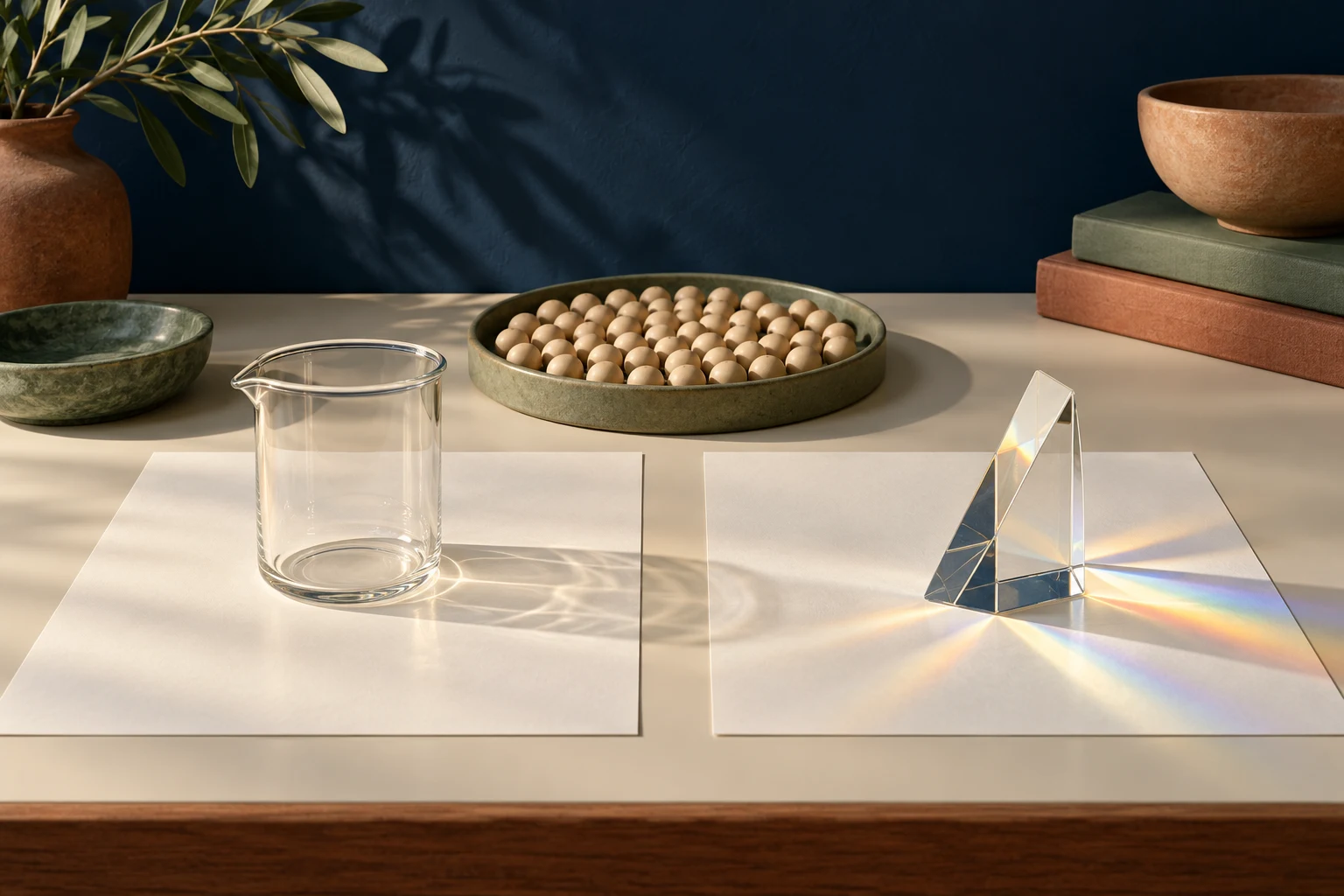 Plain counting beads and an empty measuring vessel sit beside blank sheets and a light-splitting prism.
