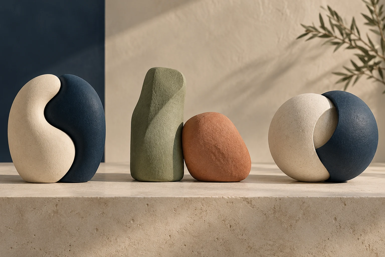 Three pairs of abstract stone forms are arranged on a shelf; two pairs interlock and the middle pair stands side by side.