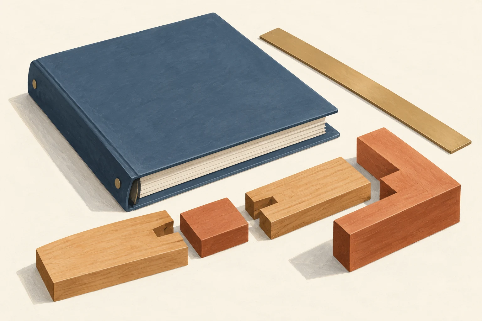 An unmarked binder, ruler and fitted components.