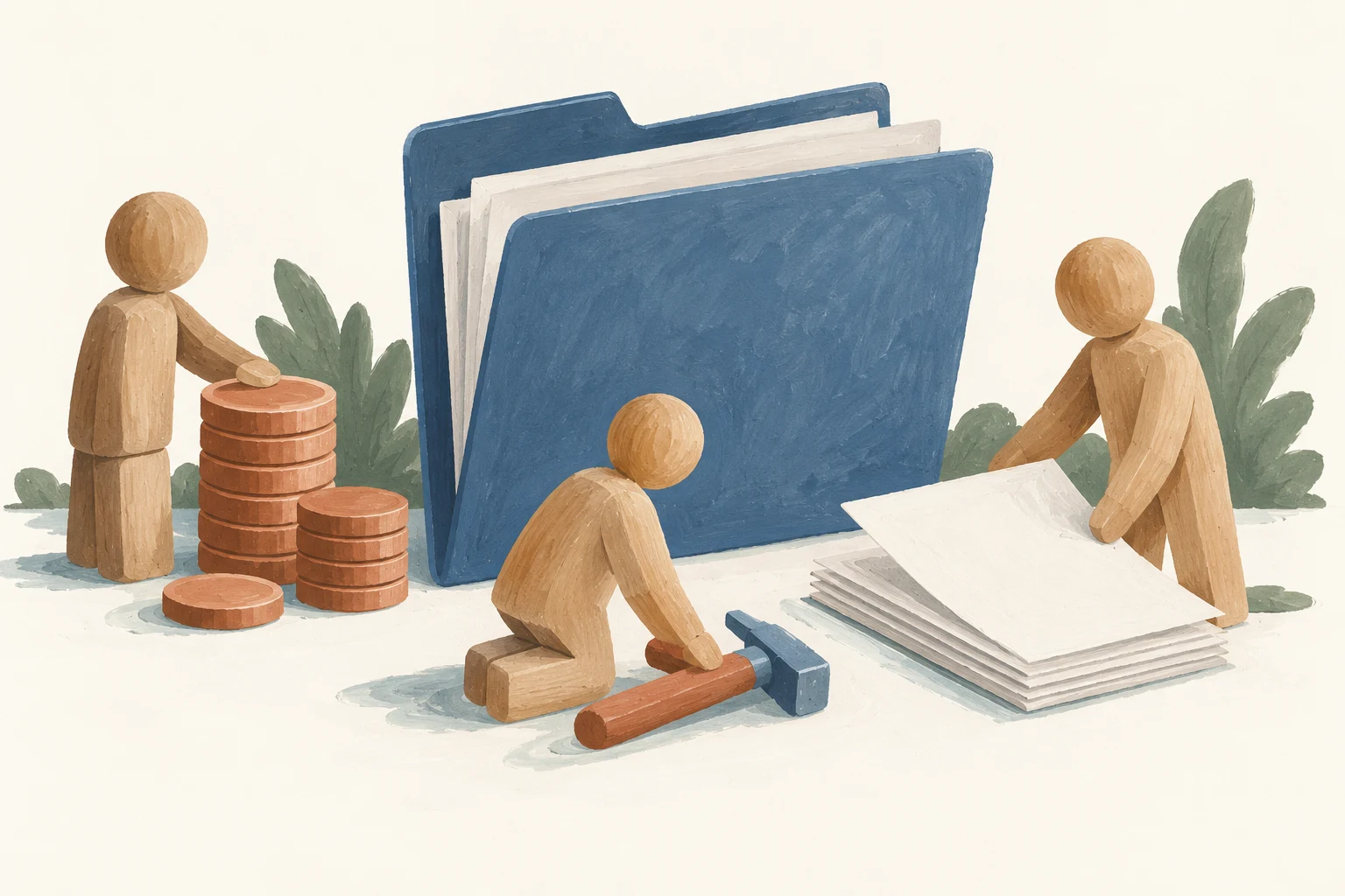 Three wooden figures stand beside project folders, a tool and stacks of counters.