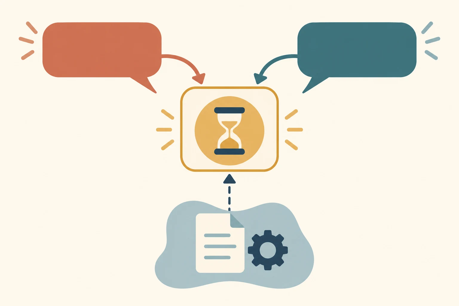 Conceptual proposal process: two blank message bubbles, a pending decision frame, separate preparation shape.
