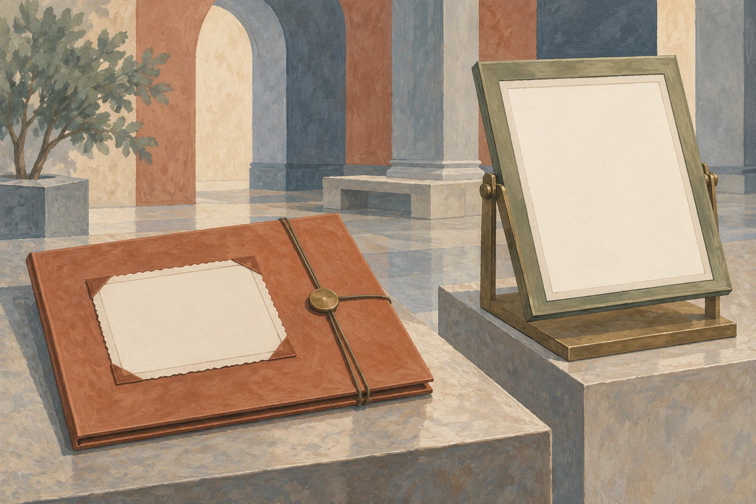 A private folder and a public display frame.