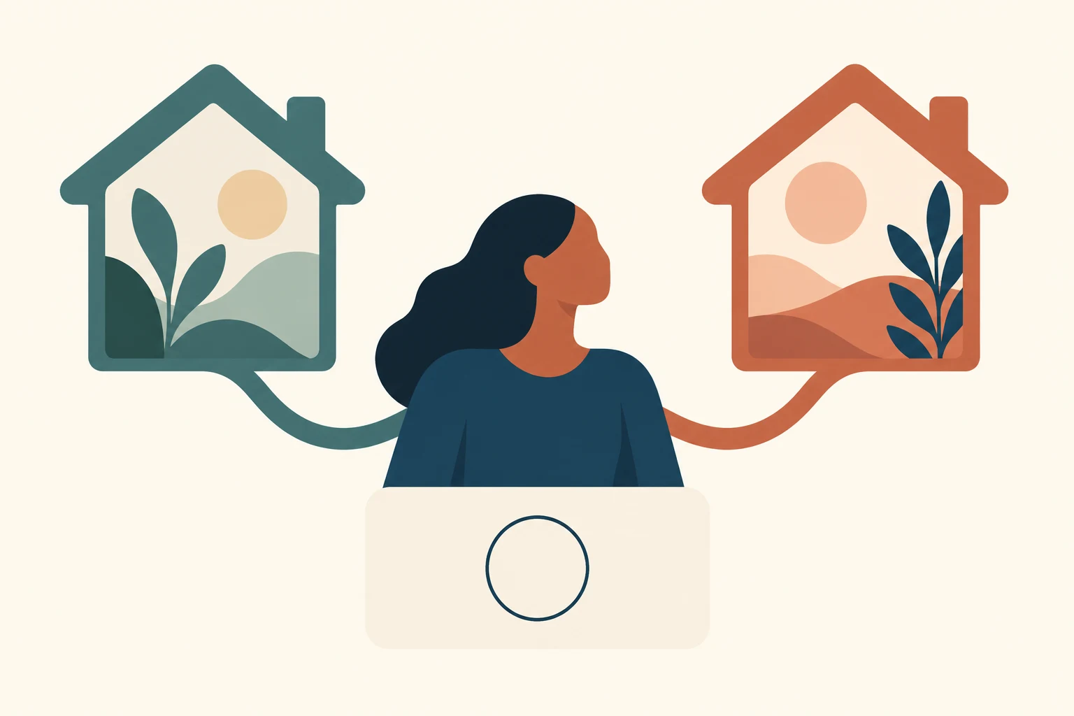 Conceptual plural belonging: a figure connected to two distinct home-shaped outlines while a small form frame offers only one empty circle.