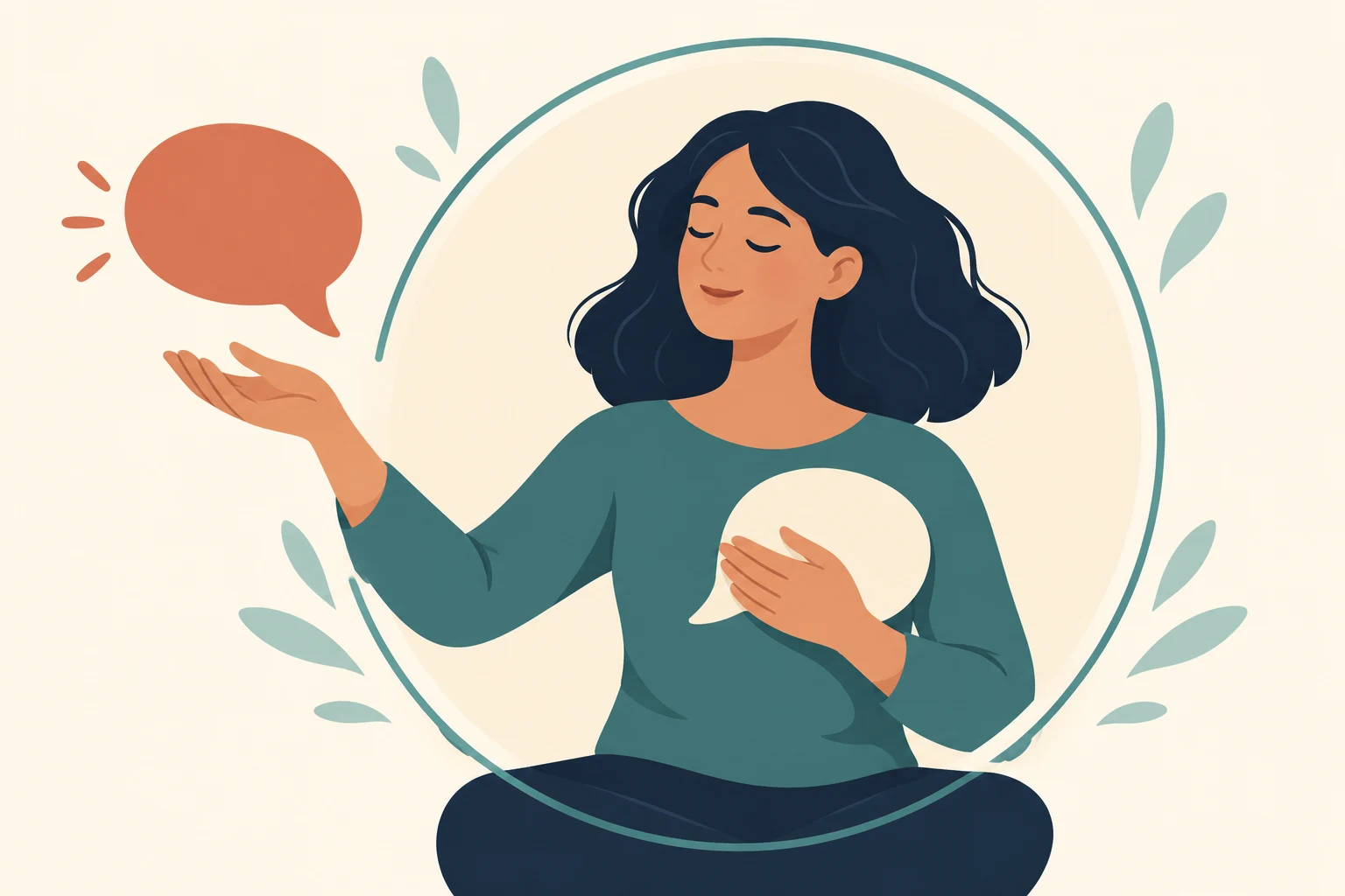 Conceptual personal disclosure boundary: human figure with a comfortable protective open circle, one speech bubble offered and another kept close.