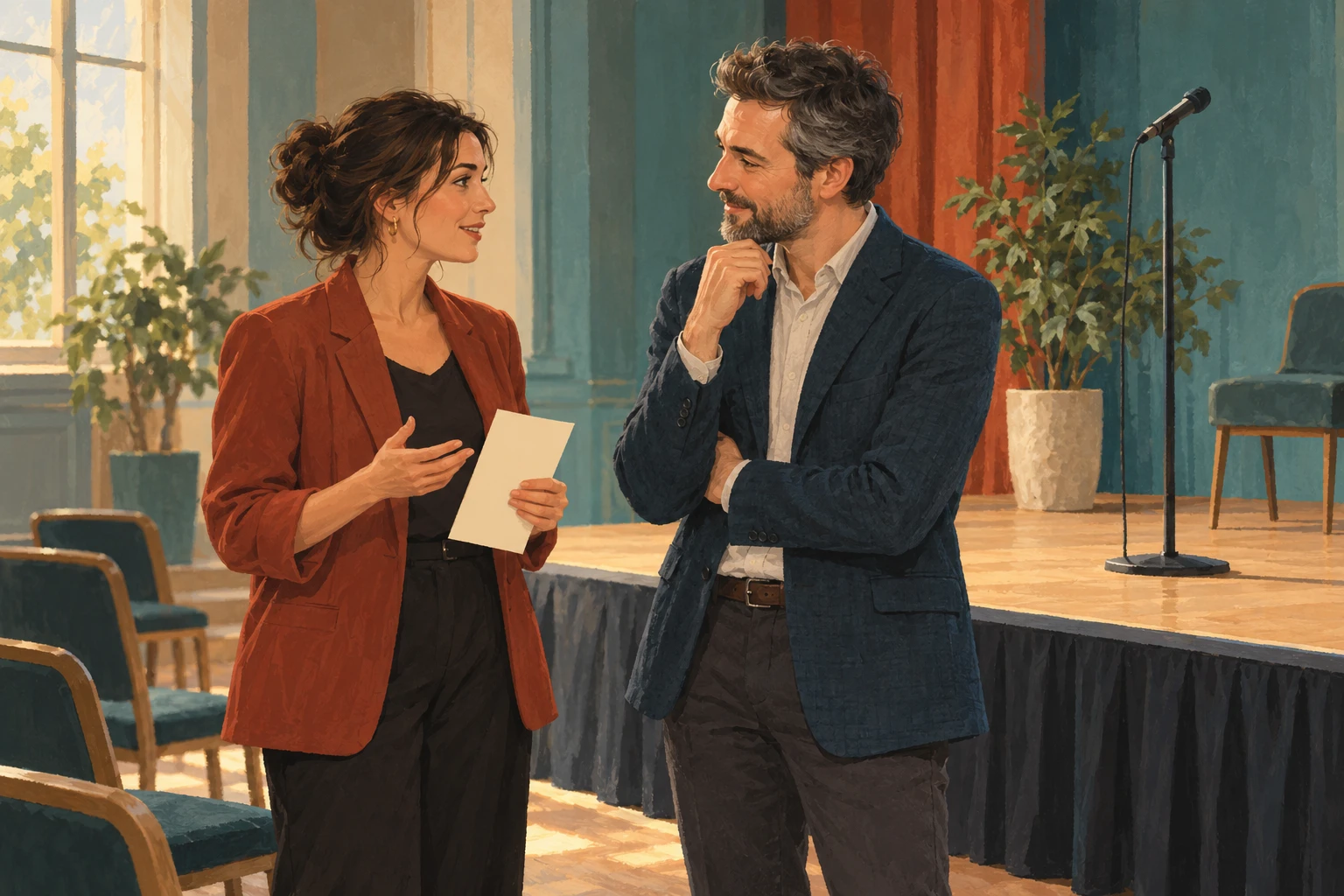 An event organiser holding a blank card talks with a guest beside a small stage and microphone.
