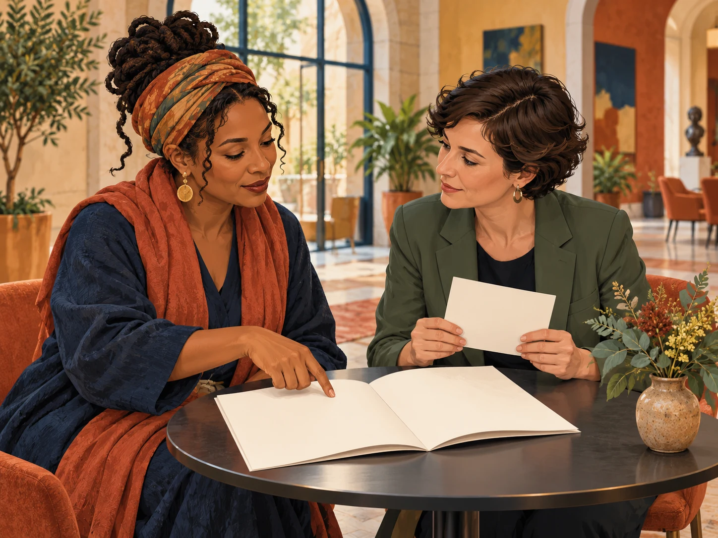 A speaker and event organizer review a blank program and a blank replacement card together.