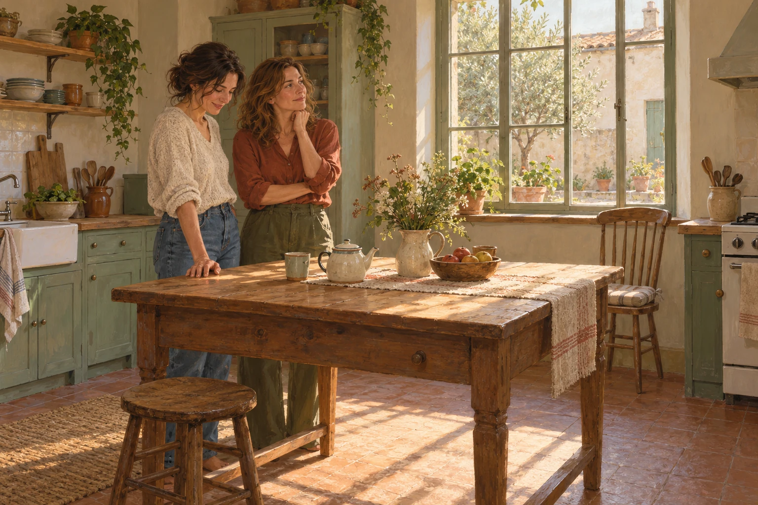 Two adult women beside a wooden kitchen table, with a chair near a courtyard window and a stool in front.