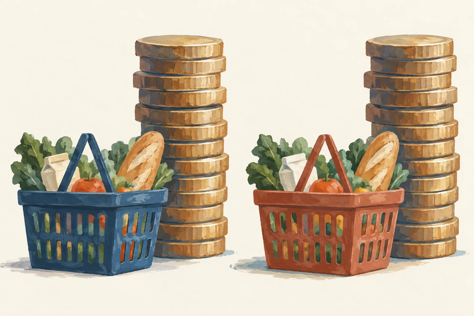 Equal baskets beside different monetary amounts.